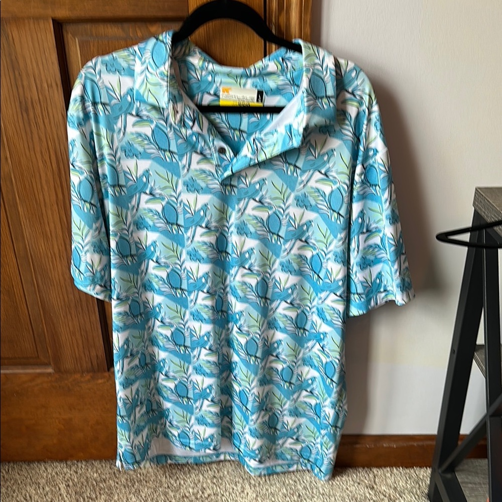 Blue and White Palm Tree Polo Shirt